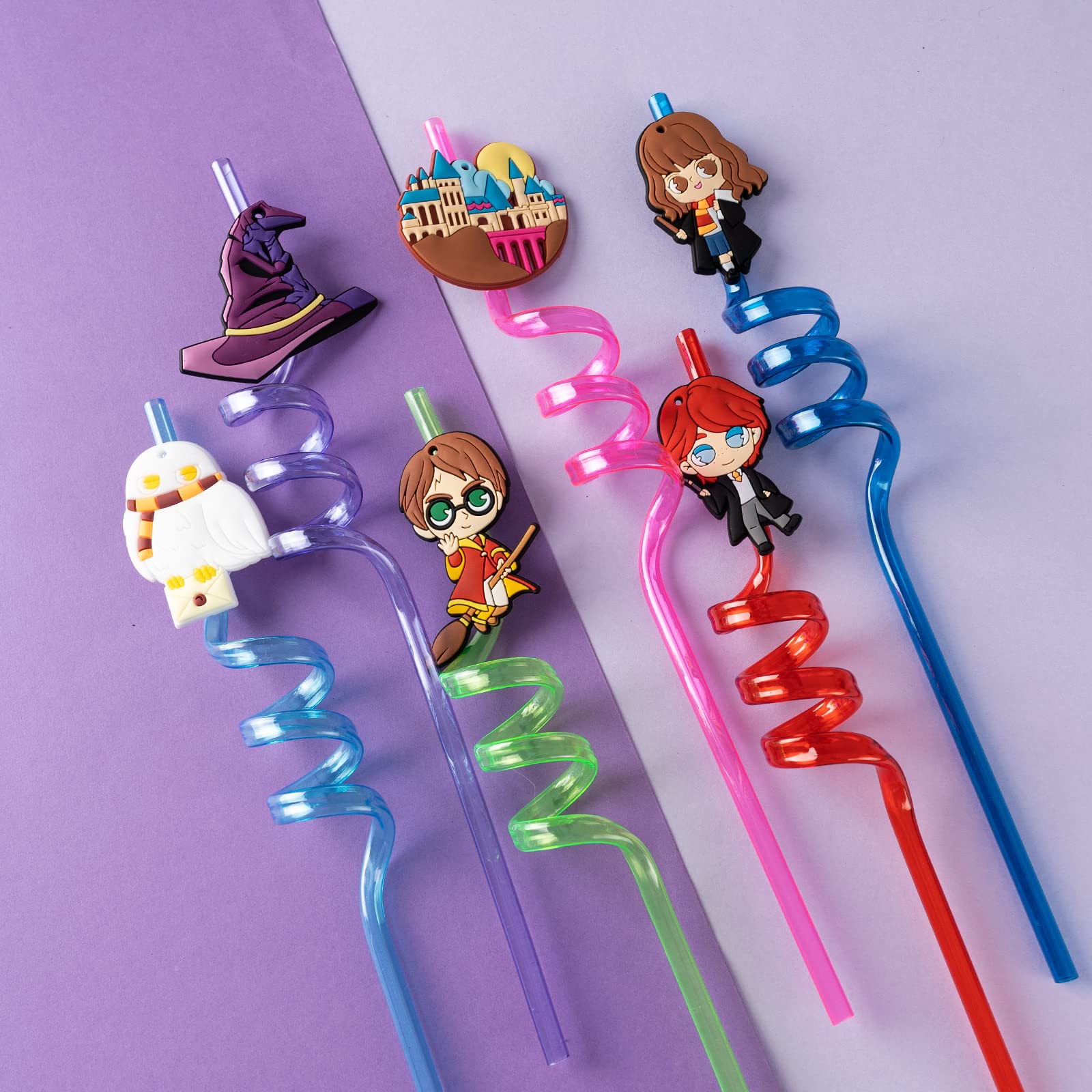 24Pcs Birthday Party Supplies Reusable Drinking Straws,8 Designs Magic Wizard Themed Party Favors with 2 Cleaning Brush