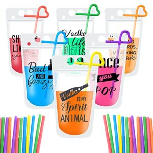 48pc drink pouches with straws, stand-up plastic drink pouches for adults bags with zipper party beverage bags juice pouches for smoothie, cold & hot drinks with 48 drink straws(48 sets,6 styles)