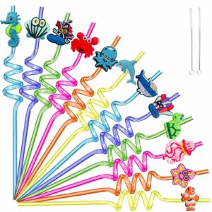 zhiend 12 sea animal straws,mermaid birthday decorations,under sea party favors,kids ocean birthday party supplies,underwater party decorating gift,with 2-piece cleaning brush set(sea)