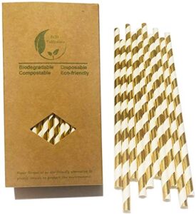 shining gold striped paper straws, 100percent biodegradable decorate straws, premium cocktails straws for drinking, juice, smoothie packed 100, 6x197mm