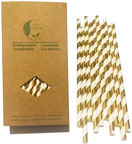 Shining Gold Striped Paper Straws, 100Percent Biodegradable Decorate Straws, Premium Cocktails Straws for Drinking, Juice, Smoothie Packed 100, 6x197mm