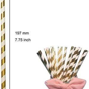 Shining Gold Striped Paper Straws, 100Percent Biodegradable Decorate Straws, Premium Cocktails Straws for Drinking, Juice, Smoothie Packed 100, 6x197mm