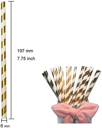 Shining Gold Striped Paper Straws, 100Percent Biodegradable Decorate Straws, Premium Cocktails Straws for Drinking, Juice, Smoothie Packed 100, 6x197mm