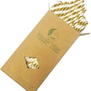 Shining Gold Striped Paper Straws, 100Percent Biodegradable Decorate Straws, Premium Cocktails Straws for Drinking, Juice, Smoothie Packed 100, 6x197mm