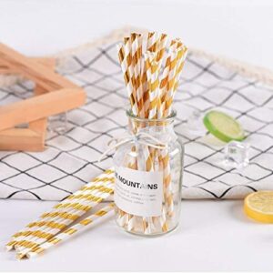 Shining Gold Striped Paper Straws, 100Percent Biodegradable Decorate Straws, Premium Cocktails Straws for Drinking, Juice, Smoothie Packed 100, 6x197mm