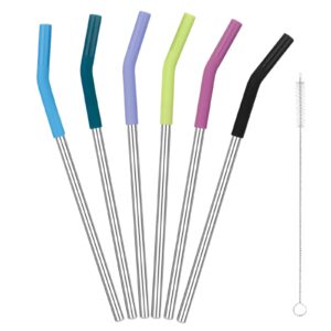 sursip set of 6 reusable stainless steel straws with silicone, 8mm wide straws for smoothies shakes,6 steel straws,6 silicone tips,1 straw cleaning brush,removable and easy to clean
