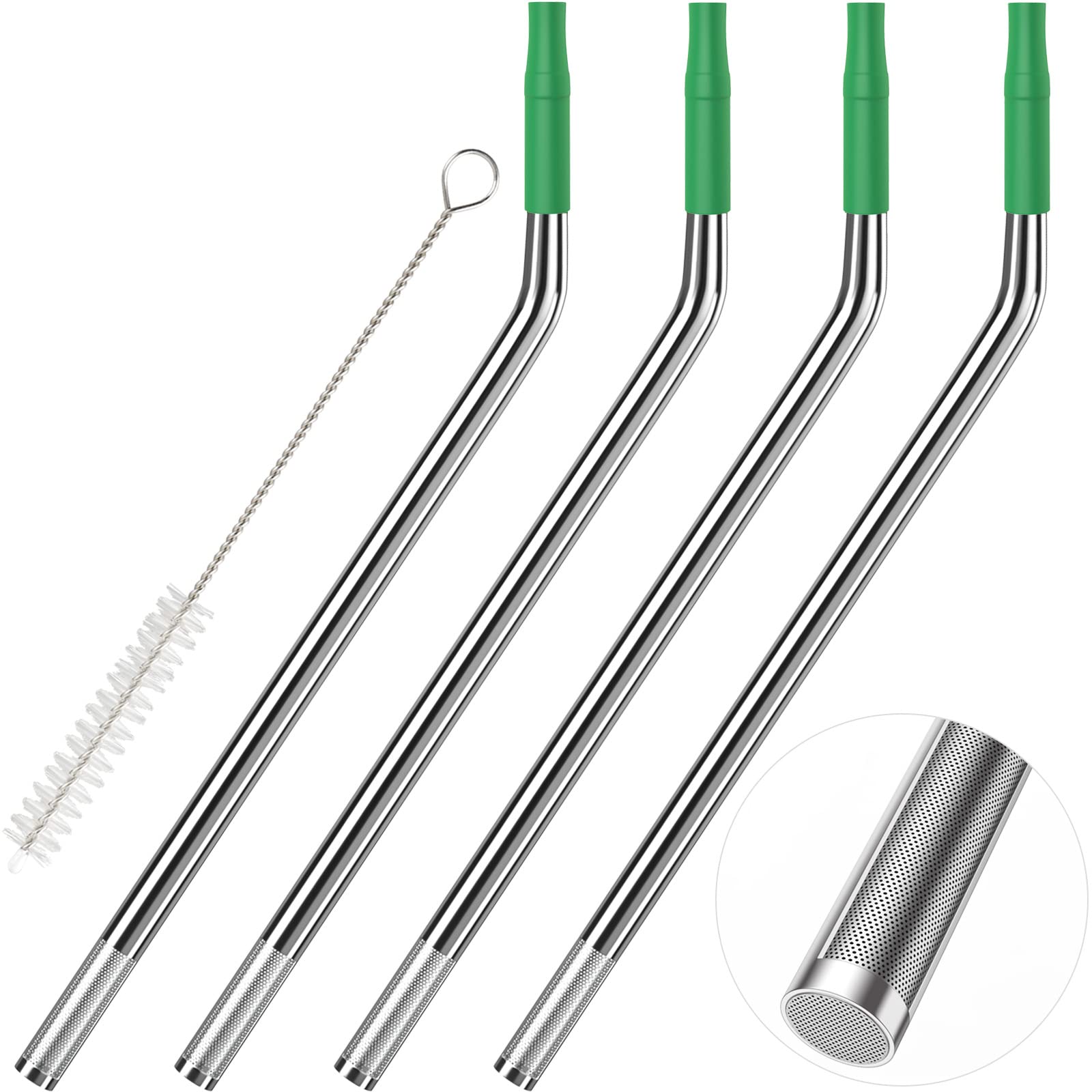 (4 Pack) Reusable Straws,Stainless Steel Metal Straws with 1 Cleaning Brush, Removable Straw Filter with Silicone Flex Tips Cover, Size 8.26 * 0.35 inches, Long Straws for Coffee, Tea, Drinks,Juice