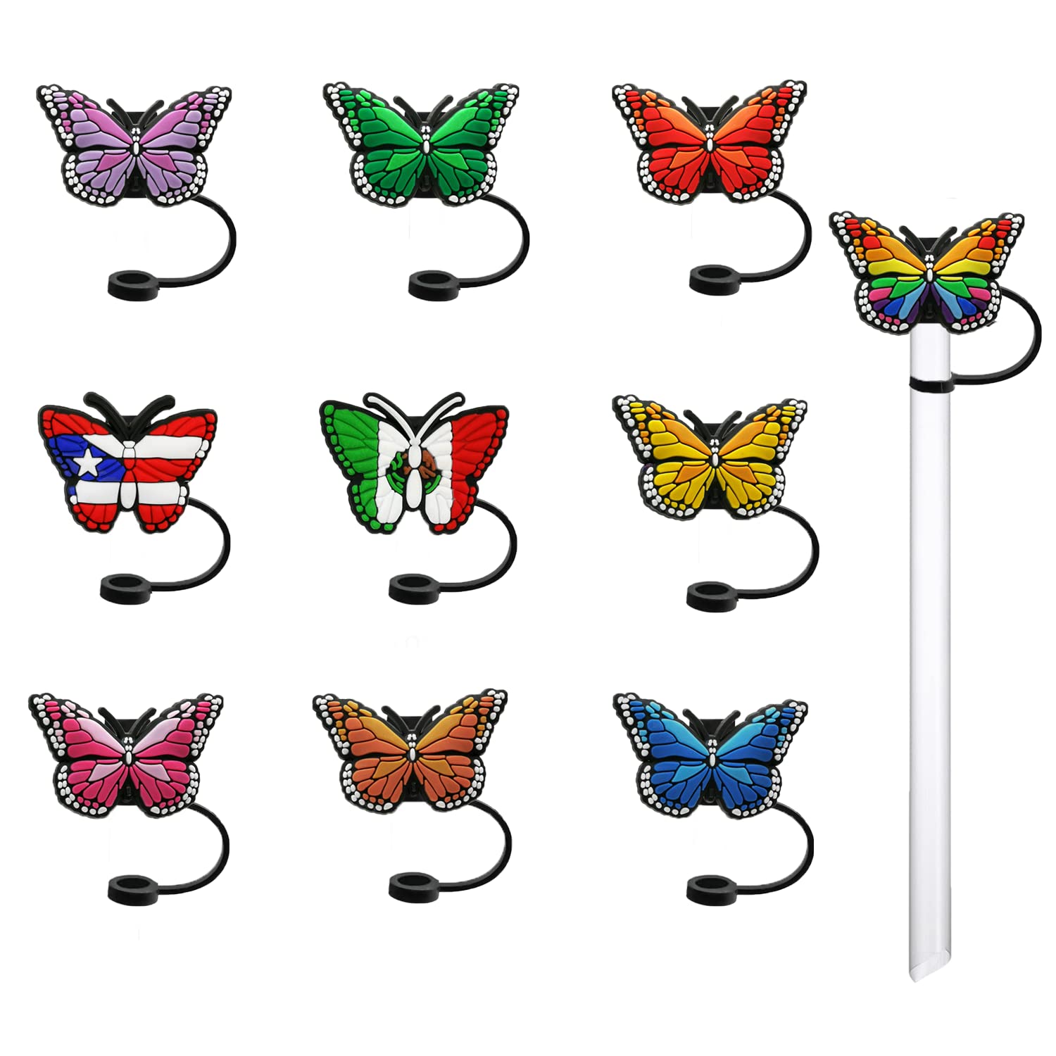 Silicone Butterfly Straw Cover Cap 10 Pcs Reusable Drinking Straw Tips Lids Cute Straw Topper Dust-Proof Straw Plugs for 1/4inch(6-8mm) Straw Tips For Outdoor Home Kitchen Party Decor (Butterfly)