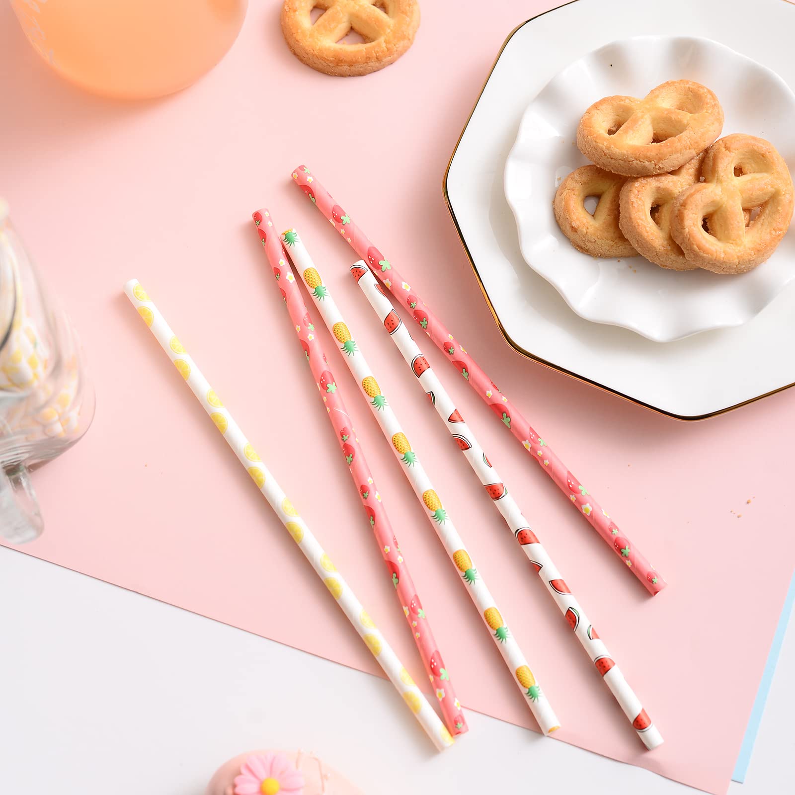 YAOSHENG Fruits Paper Straws, Pack 100 for Party Supplies,Birthday,Wedding,Bridal/Baby Shower,Juice, shakes,Smoothies