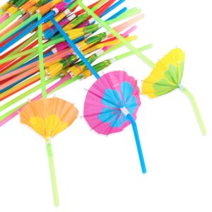 Multicolored Tropical Luau Parasol Hibiscus Print Umbrella Disposable Bendable Drinking Straws for Island Themed Party, Kitchen Supplies, Bars, Restaurants (48 Pack)