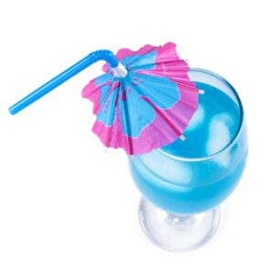 Multicolored Tropical Luau Parasol Hibiscus Print Umbrella Disposable Bendable Drinking Straws for Island Themed Party, Kitchen Supplies, Bars, Restaurants (48 Pack)