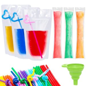 150 pcs drink pouches and popsicle bags with straws, 100 pcs smoothie ice pop bags, 50 pcs hand-held reusable drink pouches for adults 50 pcs straws funnel for cool summer party, cold hot drinks