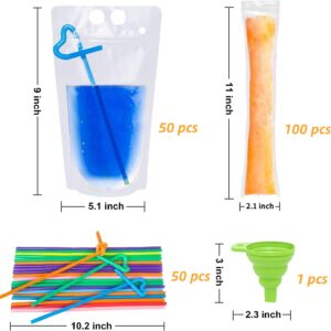 150 Pcs Drink Pouches and Popsicle Bags with Straws, 100 Pcs Smoothie Ice Pop Bags, 50 Pcs Hand-Held Reusable Drink Pouches for Adults 50 Pcs Straws Funnel for Cool Summer Party, Cold Hot Drinks