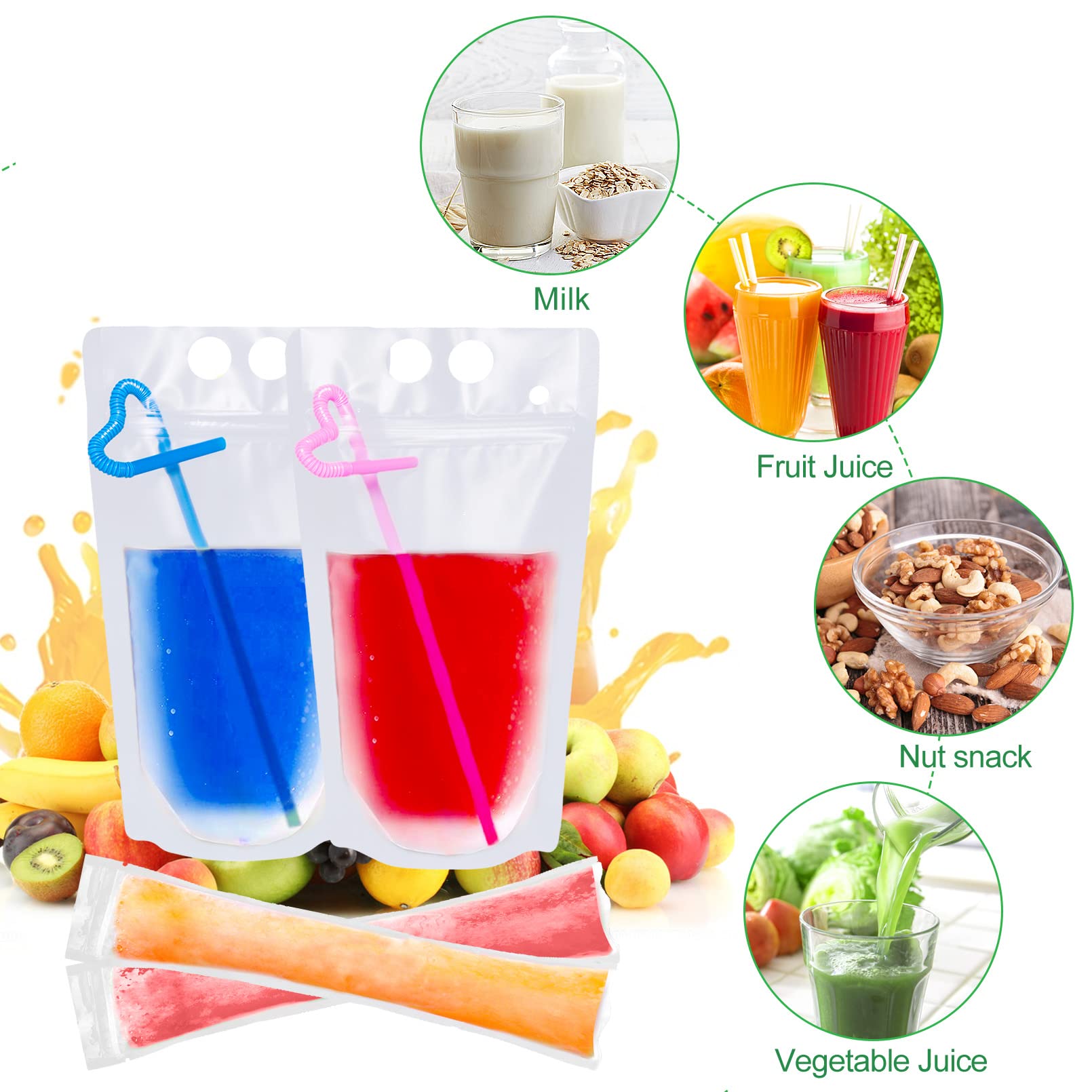 150 Pcs Drink Pouches and Popsicle Bags with Straws, 100 Pcs Smoothie Ice Pop Bags, 50 Pcs Hand-Held Reusable Drink Pouches for Adults 50 Pcs Straws Funnel for Cool Summer Party, Cold Hot Drinks