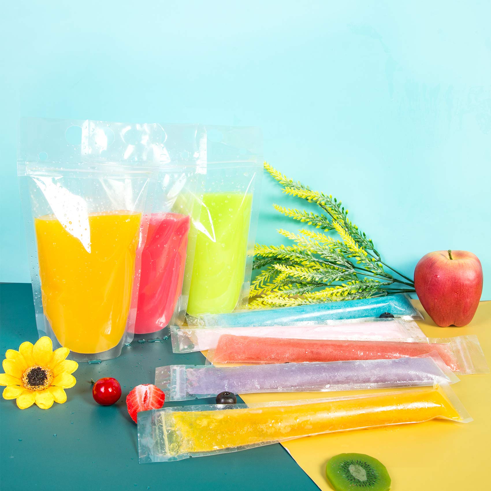 150 Pcs Drink Pouches and Popsicle Bags with Straws, 100 Pcs Smoothie Ice Pop Bags, 50 Pcs Hand-Held Reusable Drink Pouches for Adults 50 Pcs Straws Funnel for Cool Summer Party, Cold Hot Drinks