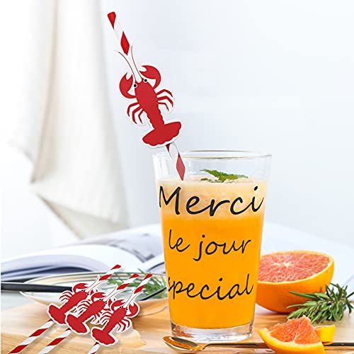 Lobster Paper Straws Decor-24 Pack of Crawfish Birthday Party or Christmas Paper Straws Supplies-Red and White Disposable Striped Paper Decorative Drinking Straws for Seafood Party Decorations