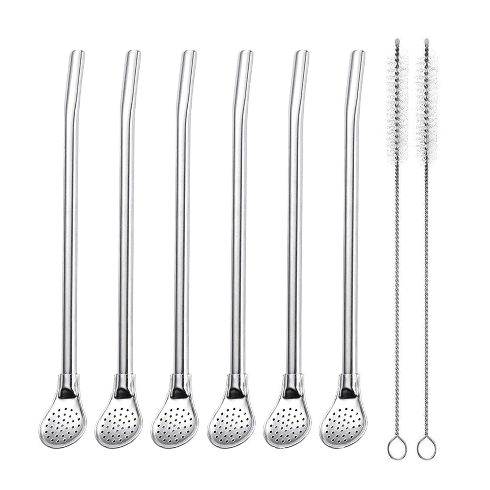 EvaGO Reusable Stainless Steel Drinking Straws with Filter Spoon 6 Pieces Yerba Mate Tea Bombilla Drinking Straws with 2 Pieces Cleaning Brushes Set, 7.1inch Long