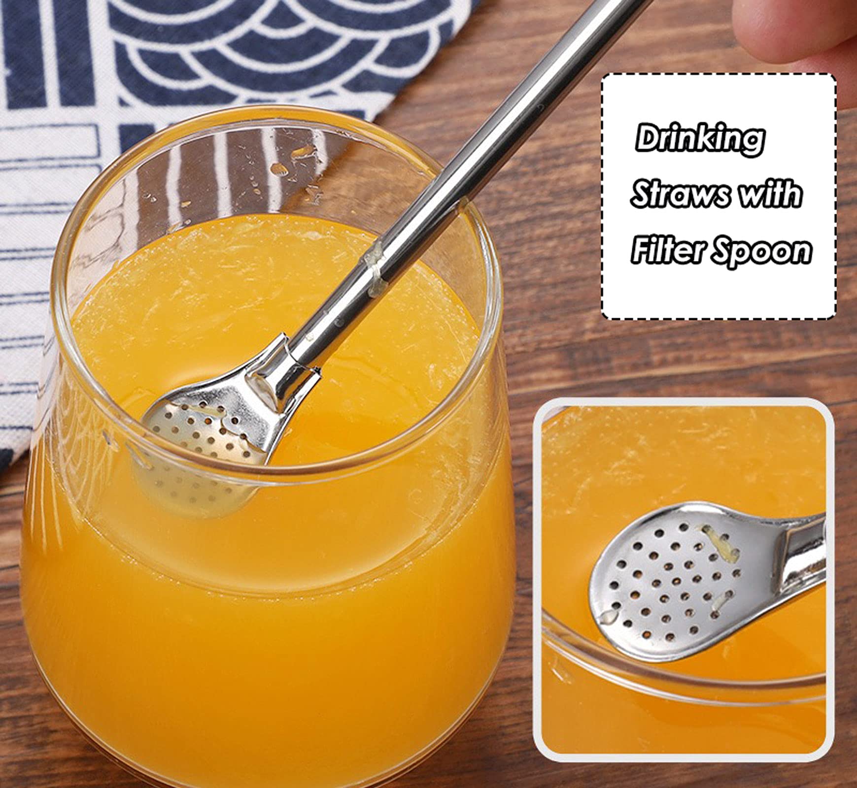 EvaGO Reusable Stainless Steel Drinking Straws with Filter Spoon 6 Pieces Yerba Mate Tea Bombilla Drinking Straws with 2 Pieces Cleaning Brushes Set, 7.1inch Long