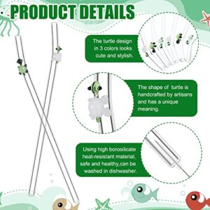 6 Pcs Glass Straw with Design Shatter Resistant Straws Reusable Clear Bent Cute Straws 8 mm x 7.9 Inch with 2 Pcs Cleaning Brush for Drinking Smoothie Cocktail Shakes Beverages (Turtle)