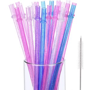 25 pieces reusable glitter clear plastic straws rainbow colored drinking straws 9 inches long hard tumbler replacement straws with cleaning brush straws cleaner