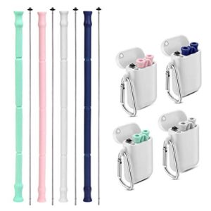 vantic collapsible reusable silicone straws - 4packs portable folding drinking straw bpa free with travel case & cleaning brush for 16 or 20 or 30 oz tumblers - blue/teal/pink/gray