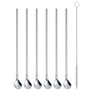 ercrysto reusable stainless steel long handle straws spoon, 6 pieces 8.6", with 1 cleaning brush (circular)