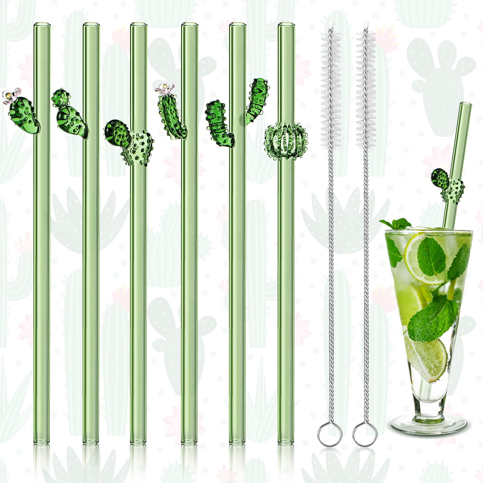 6 Pcs Reusable Glass Straws with Design, 8 mm x 7.9 Inches Cactus on Green Straws Straight Glass Cactus Straws with Cleaning Brush for Smoothie Cocktail Juice Shakes Beverages