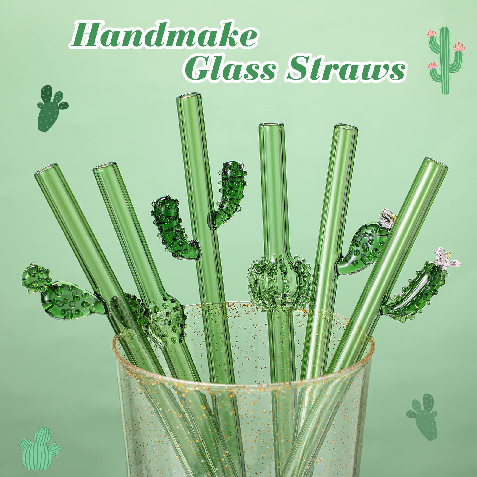 6 Pcs Reusable Glass Straws with Design, 8 mm x 7.9 Inches Cactus on Green Straws Straight Glass Cactus Straws with Cleaning Brush for Smoothie Cocktail Juice Shakes Beverages