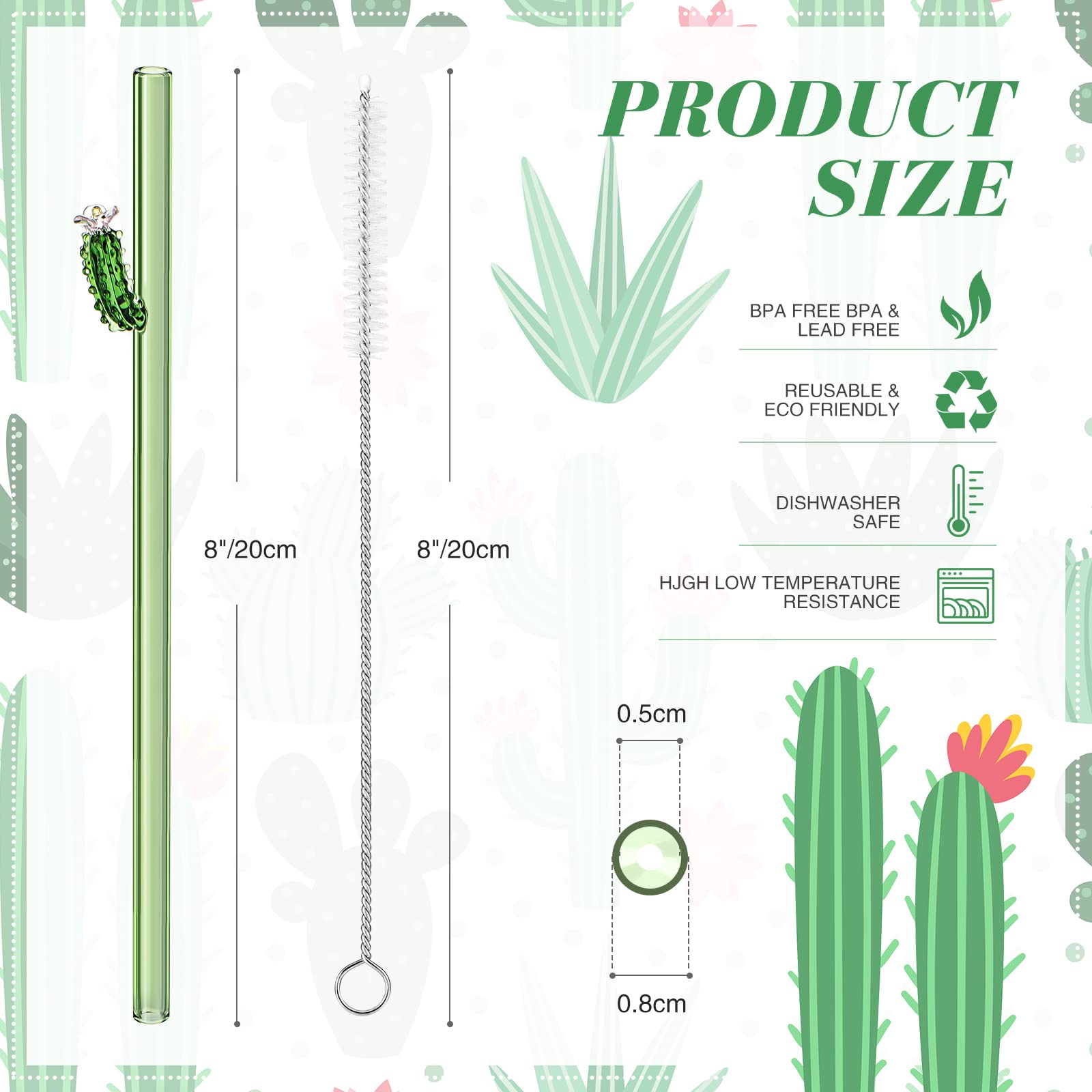 6 Pcs Reusable Glass Straws with Design, 8 mm x 7.9 Inches Cactus on Green Straws Straight Glass Cactus Straws with Cleaning Brush for Smoothie Cocktail Juice Shakes Beverages