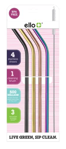 Ello Impact Stainless Steel Reusable Straws with Cleaning Brush, 4 Piece, Metallics