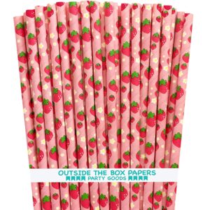 strawberry pattern paper straws - valentine - pink red green - 7.75 inches - 100 pack