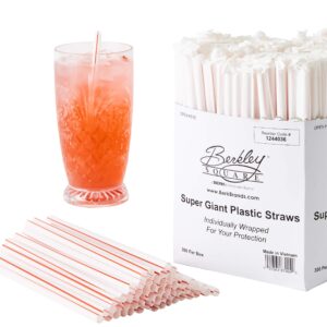 retro, extra sturdy sanitary plastic straws 300pk. bpa-free, individually wrapped red and white striped jumbo disposable 7.75 inch drinking straw. best for milkshakes, smoothies, and thick drinks.