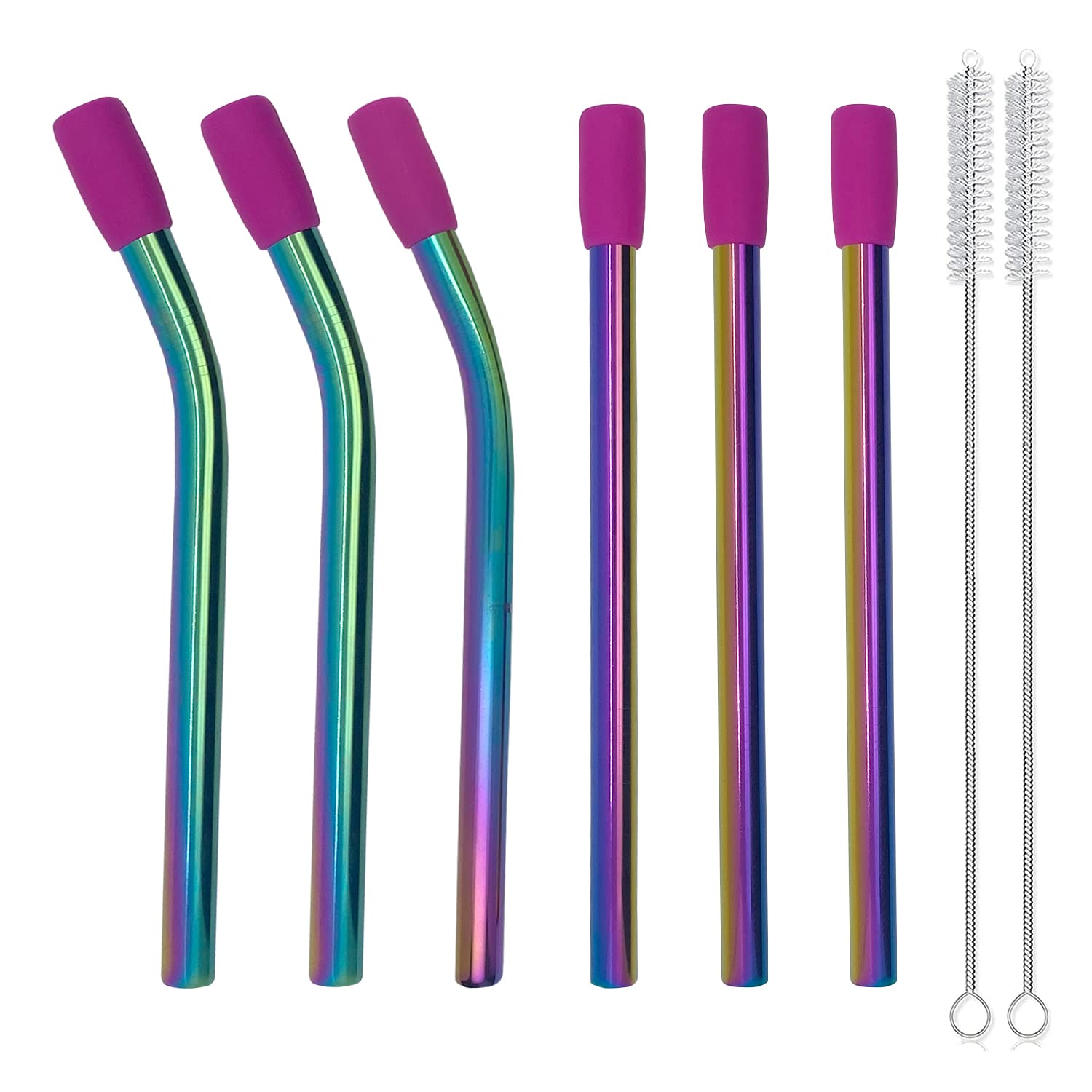 Amsthow Reusable Straws Boba Metal Straws with Silicone Tips and Cleaning Brushes Smoothie Straws for Milkshake Shake, Bubble Tea( 0.43" Wide Rainbow Colors)