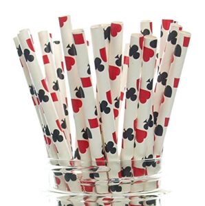 las vegas game night casino straws (25 pack) - red & black playing cards color party favors, cake pop sticks, gambling polka dot straws - clubs, spades, hearts, diamonds party supplies