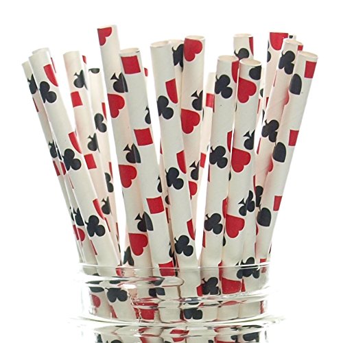 Las Vegas Game Night Casino Straws (25 Pack) - Red & Black Playing Cards Color Party Favors, Cake Pop Sticks, Gambling Polka Dot Straws - Clubs, Spades, Hearts, Diamonds Party Supplies