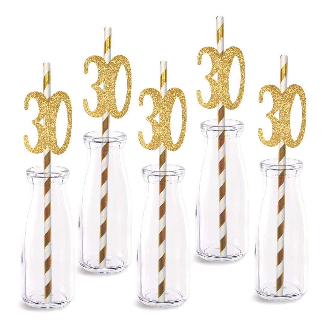 30th Birthday Paper Straw Decor, 24-Pack Real Gold Glitter Cut-Out Numbers Happy 30 Years Party Decorative Straws