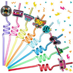 24 pieces christmas 90s theme straws 90's rock disco party supplies 1990's retro plastic drinking straws 90's party decorations for birthday disco dancing parties 8 styles, 8 colors