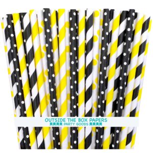 outside the box papers bee theme striped and polka dot paper straws 7.75 inches 100 pack black, yellow, white