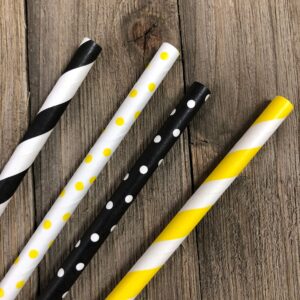 Outside the Box Papers Bee Theme Striped and Polka Dot Paper Straws 7.75 Inches 100 Pack Black, Yellow, White