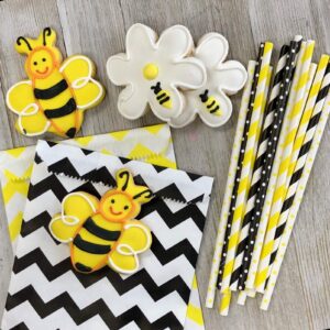 Outside the Box Papers Bee Theme Striped and Polka Dot Paper Straws 7.75 Inches 100 Pack Black, Yellow, White