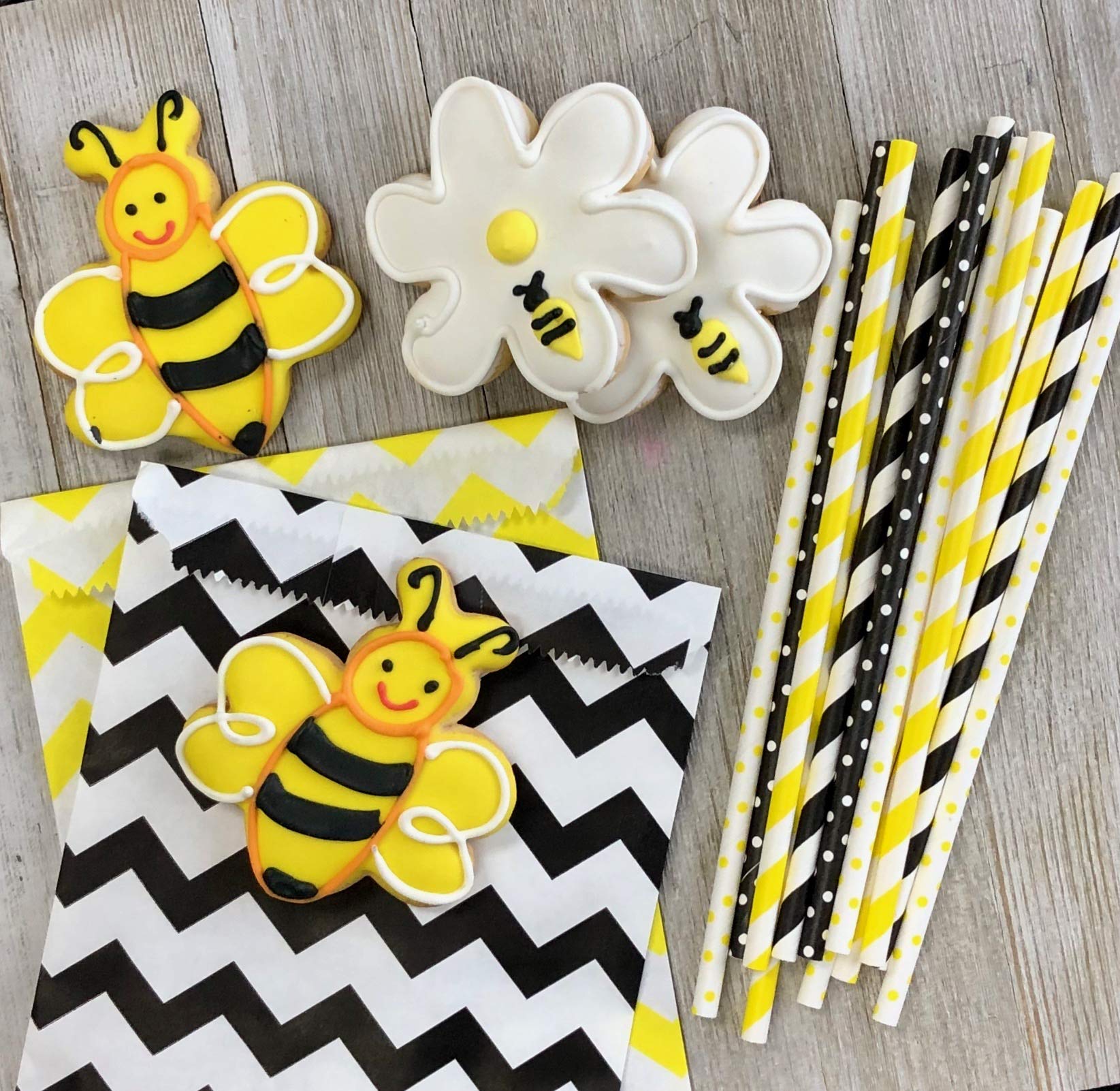 Outside the Box Papers Bee Theme Striped and Polka Dot Paper Straws 7.75 Inches 100 Pack Black, Yellow, White