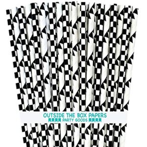 black and white race theme paper straws - checkered and banner - 100 pack