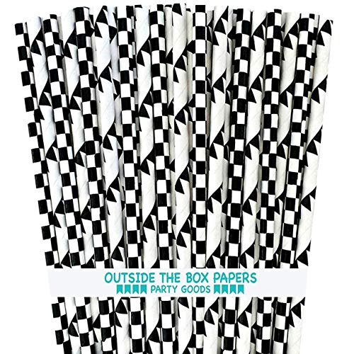 Black and White Race Theme Paper Straws - Checkered and Banner - 100 Pack