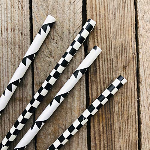 Black and White Race Theme Paper Straws - Checkered and Banner - 100 Pack