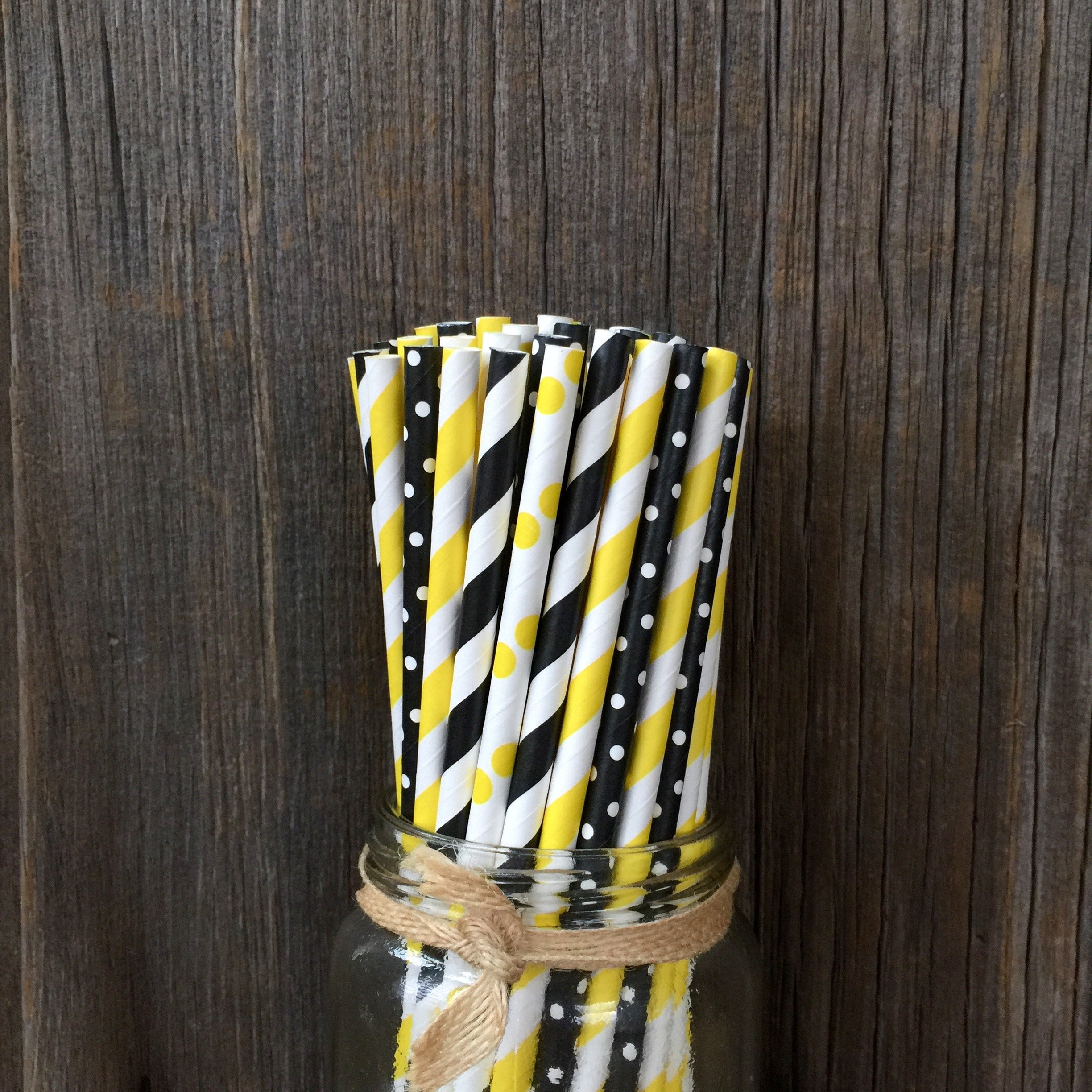 Outside the Box Papers Bee Theme Striped and Polka Dot Paper Straws 7.75 Inches 100 Pack Black, Yellow, White