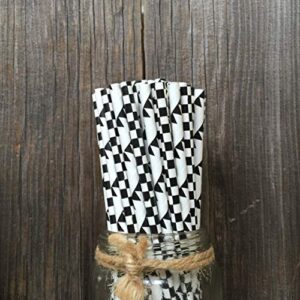 Black and White Race Theme Paper Straws - Checkered and Banner - 100 Pack