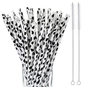 suclain cow print reusable plastic straws black tumbler straws animal cow straws with 2 cleaning brush for cow birthday party supplies(26 pieces)