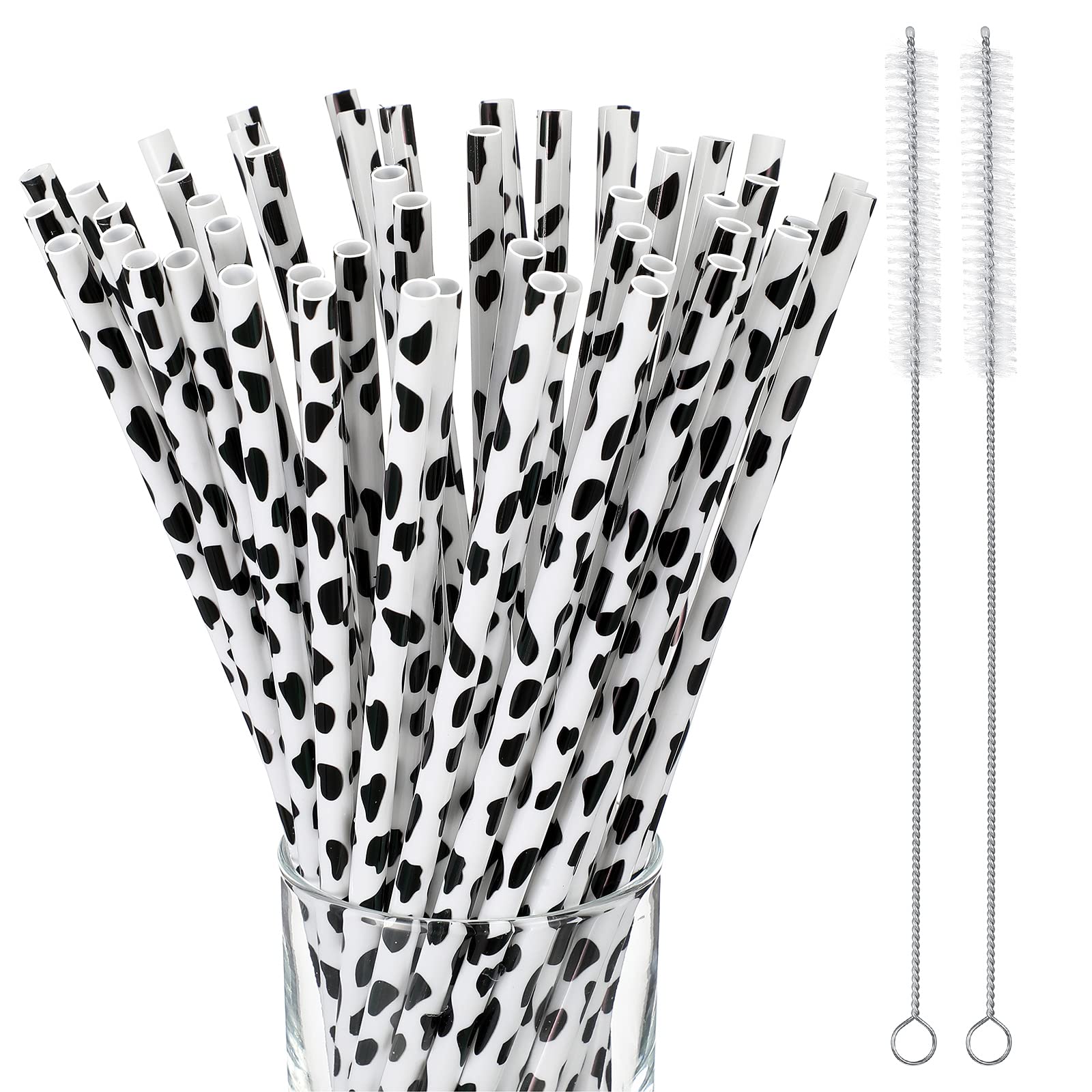 Suclain Cow Print Reusable Plastic Straws Black Tumbler Straws Animal Cow Straws with 2 Cleaning Brush for Cow Birthday Party Supplies(26 Pieces)