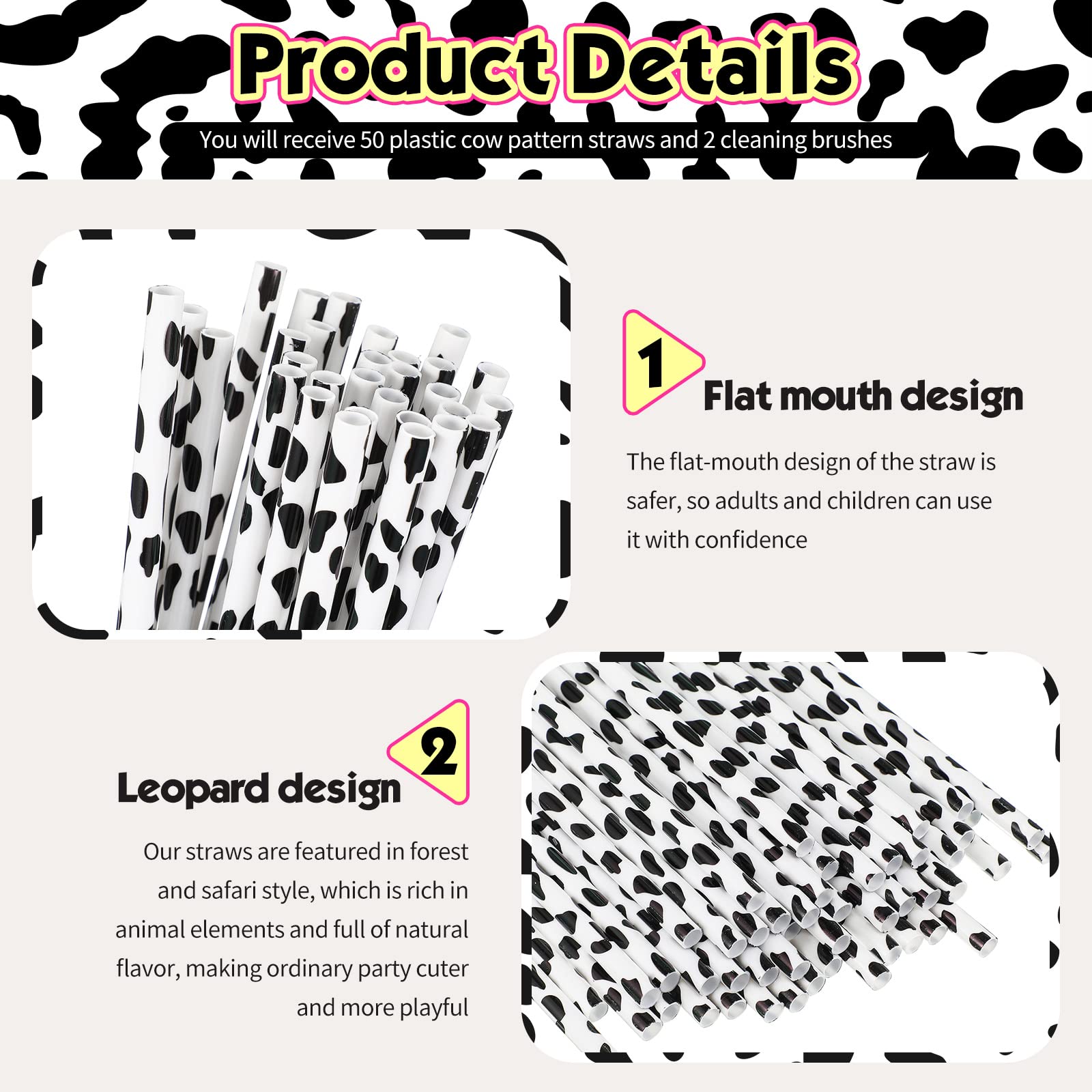 Suclain Cow Print Reusable Plastic Straws Black Tumbler Straws Animal Cow Straws with 2 Cleaning Brush for Cow Birthday Party Supplies(26 Pieces)