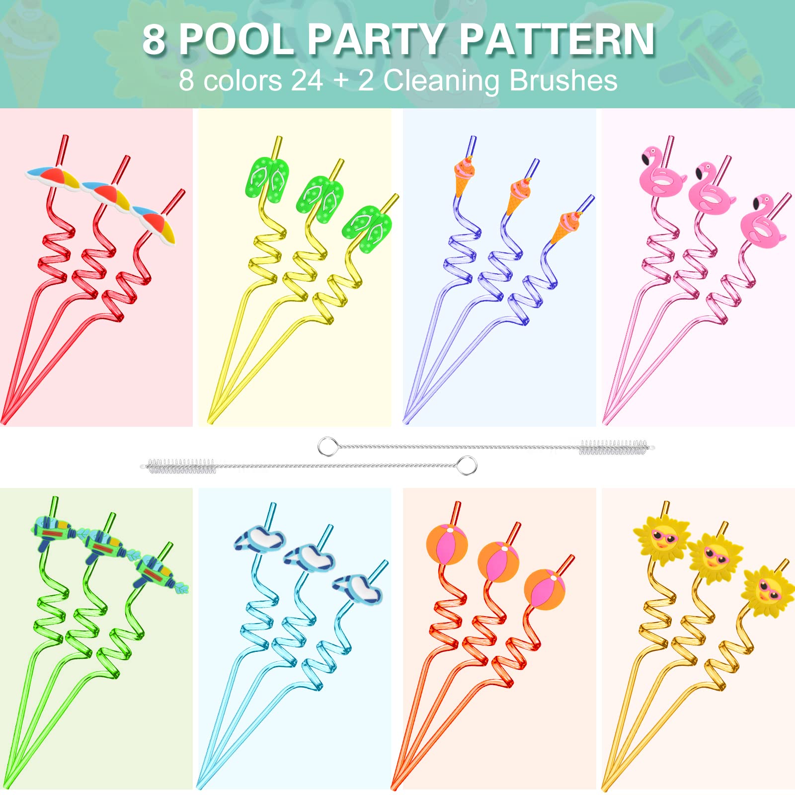 Beach drinking straws for pool parties, beach parties, beach ball summer parties, children's birthday decorations, 24crazy straws and 2 cleaning brushes